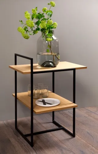 Mesa Auxiliar com 2 Prateleiras - Madeira com Metalon Preto
