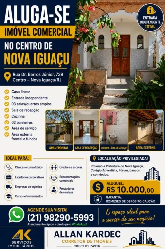Alugo casa 03 quartos fim comercial. Bairro: Centro, Nova Iguaçu/RJ