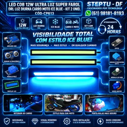 Super Farol Drl Luz Diurna Led Cob 12w Ultra Luz Carro Moto Ice Blue COD-CP613 kit 2 Unid.