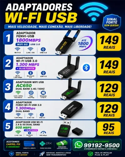 Adaptador Usb Wi-fi 2.4 & 5g Dual Band 600 Mbps + Bluetooth 95 Reais