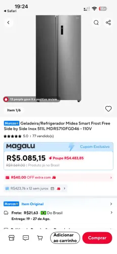 Oportunidade GELADEIRA na CAIXA - Side by side Midea 511L