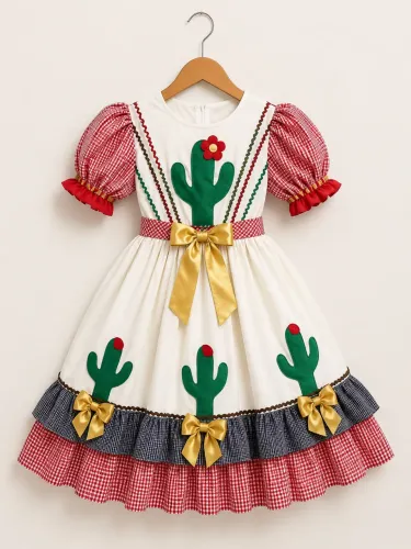 Vestido Festa Junina Infantil Luxo - Tema Cactos com Laços Dourados