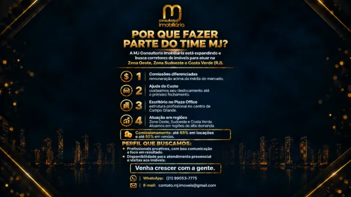 Vagas para Corretores de Imóveis - Comissões Diferenciadas | MJ Consultoria Imobiliária.