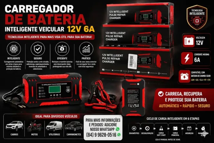 Carregador de bateria inteligente veicular 12 V 6A novo na caixa
