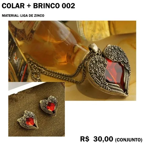 Conjunto de Brinco com Colar - Coração Vermelho