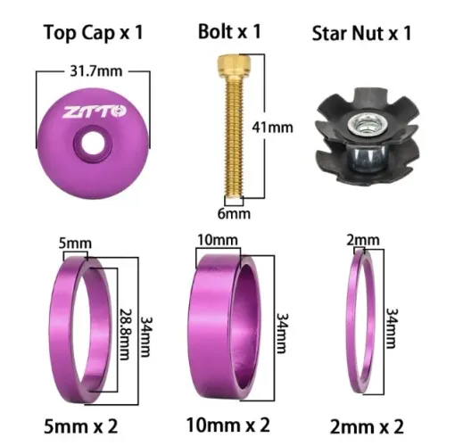Kit ZTTO - 6 Espaçadores + Tampa + Parafuso + 1 Aranha - Mesa - Aheadset 1.1/8 