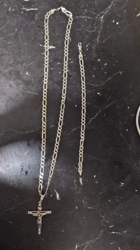 Conjunto em Prata - Corrente com Crucifixo + Pulseira Masculina