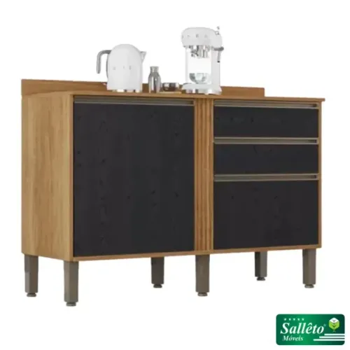 Balcão Cozinha Pérola Cinamomo/Preto 2 Portas 2 Gavetas Sallêto - Entrega Rápida! 