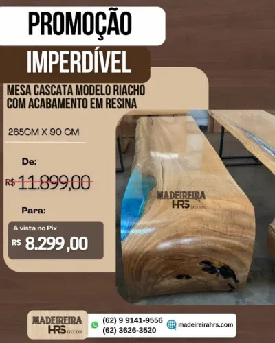 Mesa Cascata Modelo Riacho com Acabamento em Resina 265x90cm Promoção Imperdível