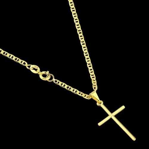 Corrente Masculina Piastrini + Pingente Cruz Palito Banhados a Ouro 18k Cordão com Cruz