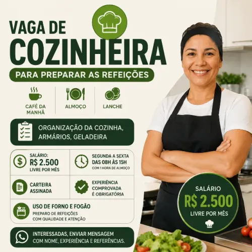 Vaga para Cozinheira CLT R$ 2.500 Livre Goiânia Trabalhar em Residencia