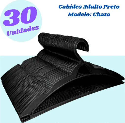 Kit 30 Cabides Preto Modelo Chato Adulto Prático Organizador