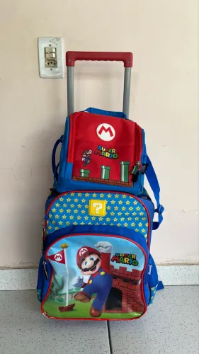Mochila e lancheira escolar de rodinha/carrinho Mário Bros 