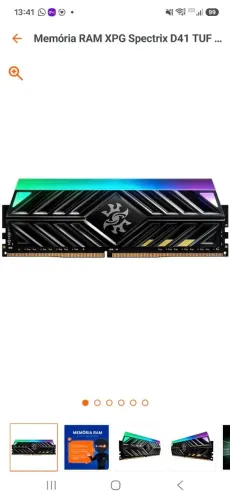 2 Pentes de Memória RAM XPG Spectrix D41 Tuff RGB 8GB 3200MHz