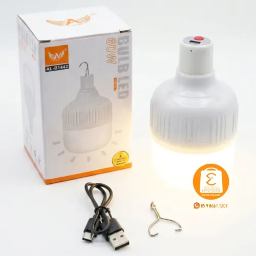 Lâmpada Recarregável de Emergência, 3 Níveis de Iluminação 60W de Potência