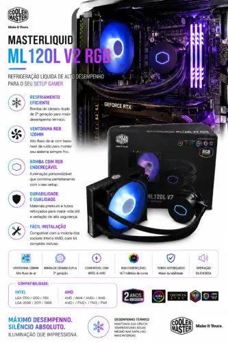 Water Cooler Cooler Master, modelo Masterliquid ML120L V2 RGB (NOVO/LACRADO!)
