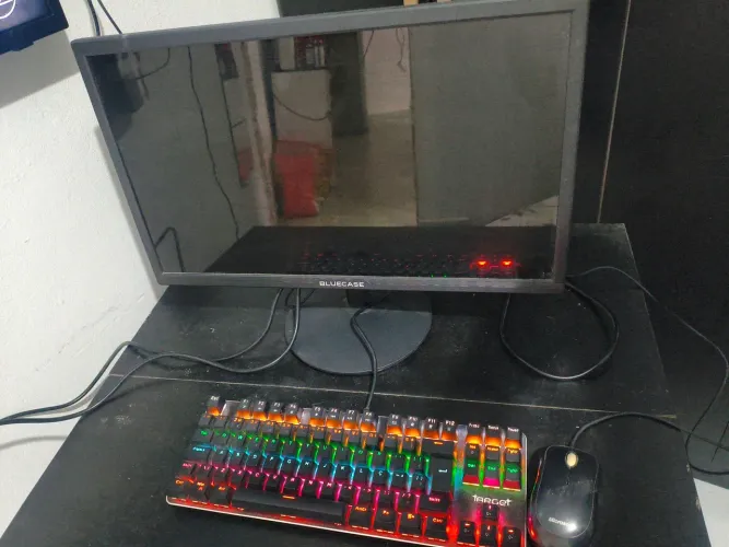 Monitor, teclado RGB e mouse