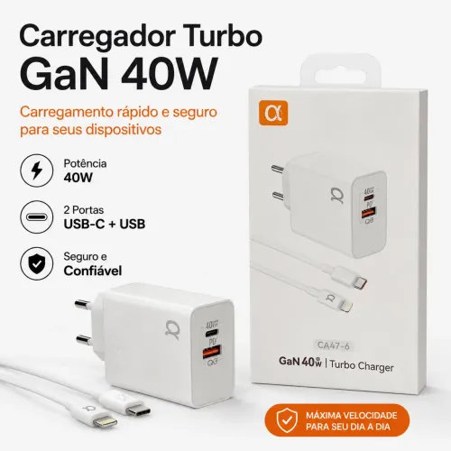 Carregador Turbo GaN 40W Duplo PD + QC com Cabo Lightning . Pronta entrega