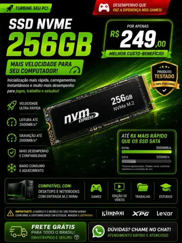 SSD NVMe 256GB M.2 | Até 6x Mais Rápido que SSD SATA | Frete Grátis