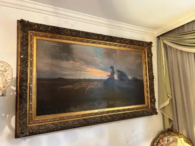Quadro Antigo - Bela Paisagem de Antuérpia - Moldura Ricamente Trabalhada