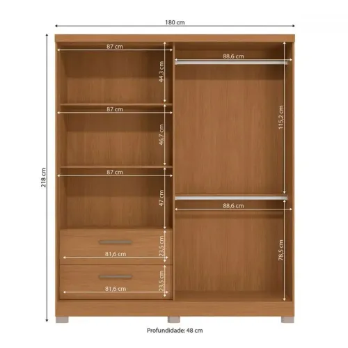 Guarda Roupa Casal 3 Portas 2 Gavetas 218x180 Cm