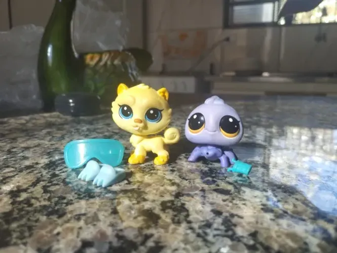 duplinha Littlest pet shop chowchow amarelo e aranha com acessórios original hasbro usado