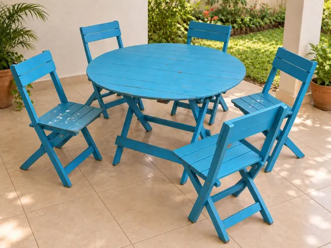 Mesa redonda de madeira dobrável com 5 cadeiras - Azul