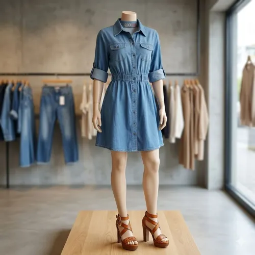 Vestido em jeans manga comprida