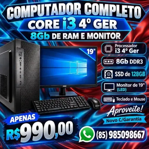 Computador Intel Core i3 4º Ger/Ssd 128Gb/8Gb de Memória/Monitor