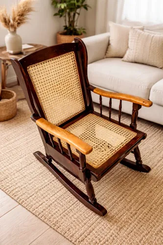Cadeira de Balanço Antiga Restaurada | Madeira Maciça & Palhinha Natural