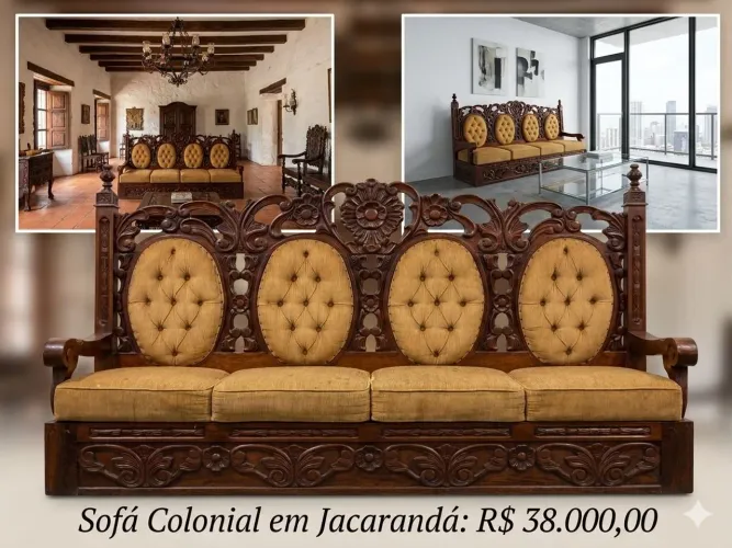 JOGO DE SOFÁ COLONIAL DE MADEIRA 