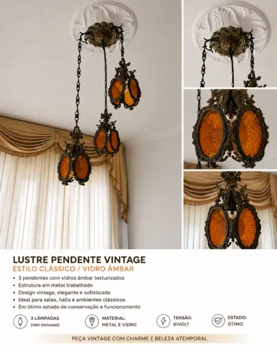 Lustre Vintage de Bronze com Vidros Âmbar - 3 Pêndulos