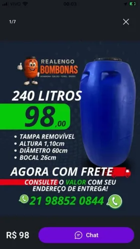 Bombona 240 L Bombonas Galão Tonel Tambor Barril pra Água, Gelo, Ração, Óleo, Obra, Tina