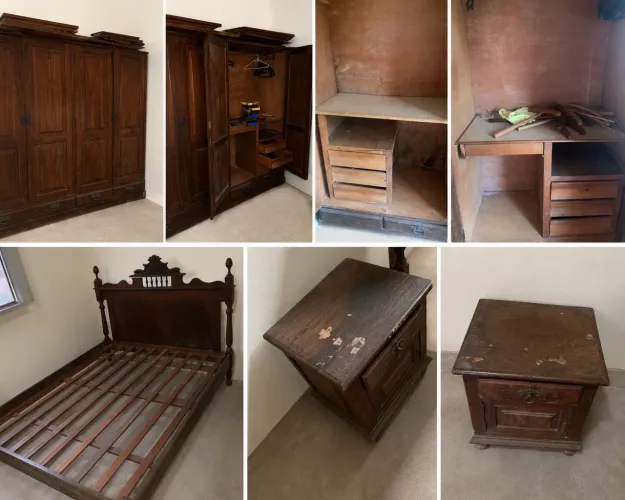 Jogo de quarto em sucupira maciça - cama talhada + guarda-roupa + criados