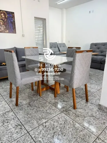 Mesa de jantar 1,20x0,80 Tampo Vidro + 4 Cadeiras Madeira maciça - Aproveite!