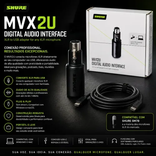 Interface Digital Shure MVX2U para Microfone XLR