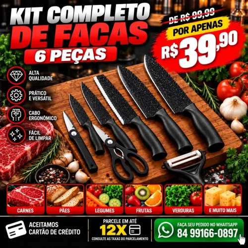Kit de Facas 6 Peças com Tesoura e Descascador - Novo