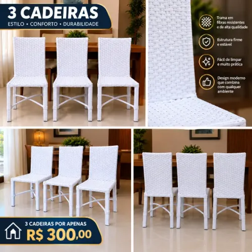 Conjunto com 3 Cadeiras Brancas em Fibra Sintética - R$ 300