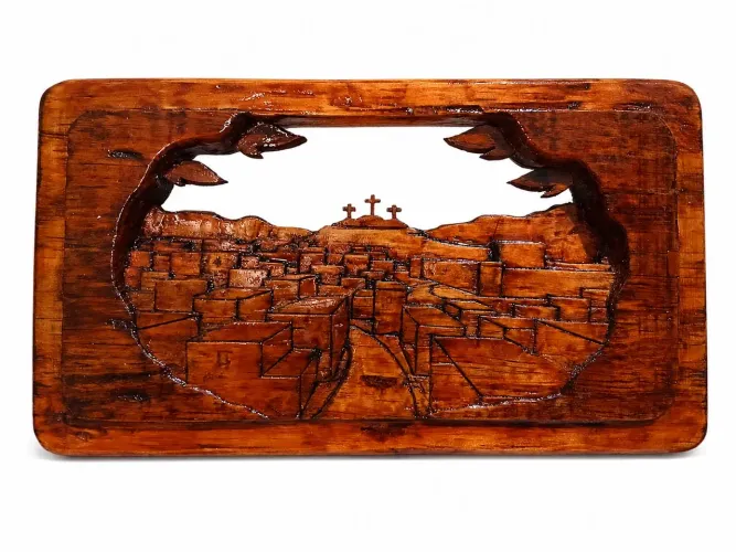 Quadro de Madeira em Relevo Entalhado à Mão do Calvário e Jerusalém para Decoração