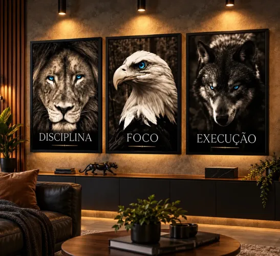 KIT COM 3 QUADROS DECORATIVOS - DISCIPLINA, FOCO E EXECUÇÃO
