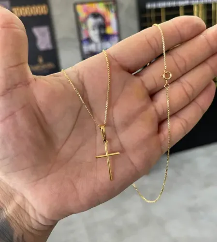 Kit Veneziana 1mm + Crucifixo Agulha banhado a ouro 18k