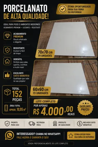 PORCELANATO À VENDA ? ÓTIMA OPORTUNIDADE!