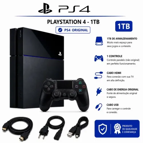 PlayStation 4 Original 1000 GB (1TB) + Controle + Cabos + 3 Jogos | PS4