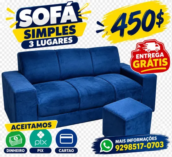 Sofá simples 3 lugares, disponível para entrega em toda Manaus