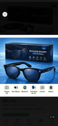 Óculos Inteligente Bluetooth Câmera 4k Full Hd Grava Vídeo Preto