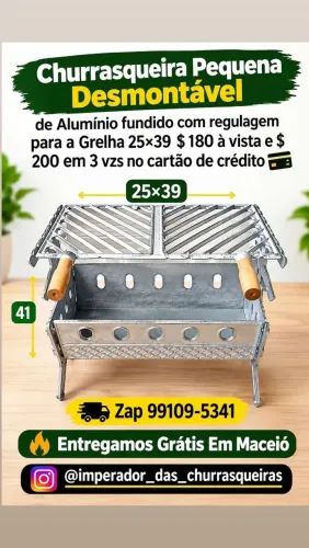 Churrasqueira Pequena Desmontável de Alumínio fundido com regulagem para a Grelha