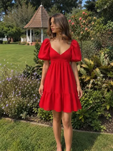 vestido curto vermelho manga bufante p