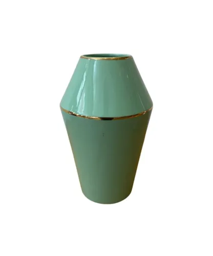 Vaso Decorativo Verde com Frisos Dourados Cerâmica 24cm