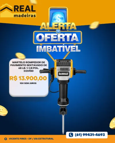 Martelo Demolidor Eletropneumático DEWALT D25980 1-1/8'' - 28 mm - 2100W (220V)