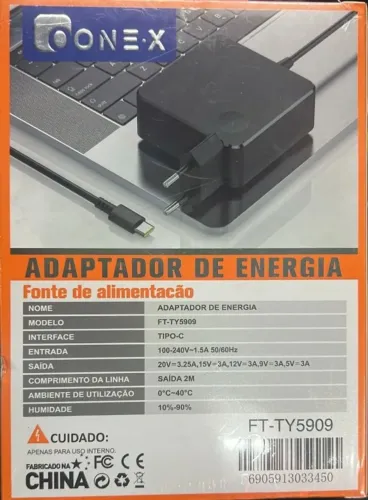 Fonte Carregador Notebook USB-C 65W para Macbook Dell Chromebook Lenovo Tablet Smartphone